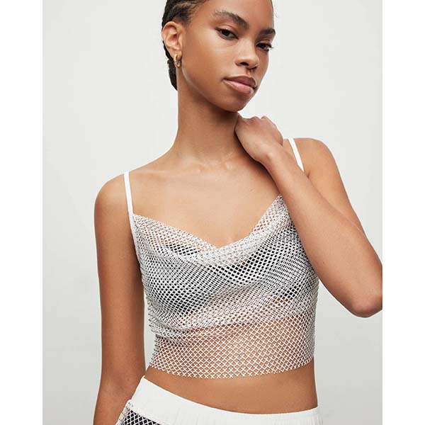 Allsaints Australia Womens Safi Mesh Sparkle Embellished Crop Top Silver AU26-316